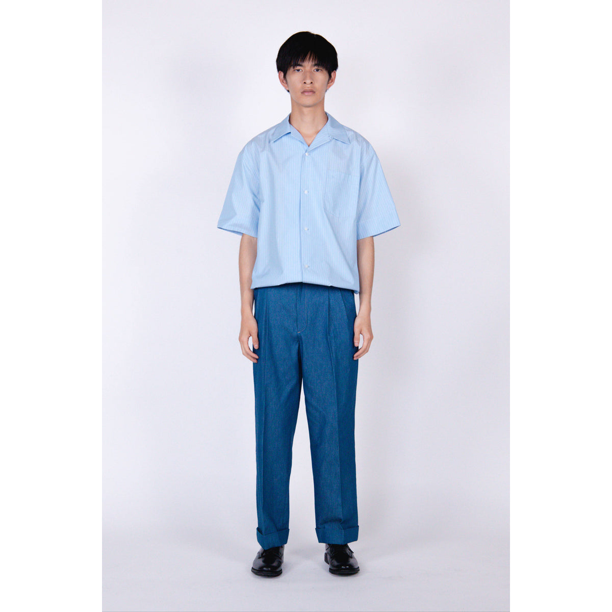 さいはて Open Collar Shirt (MID) / sax stripe – th products