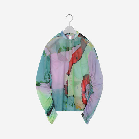 Gathered Sleeve Print Tuetleneck / color